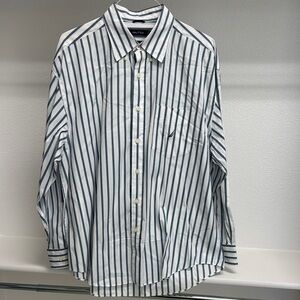 Nautica VTG Men’s XL Long Sleeve Button Down White Blue Stripe 100% Cotton Shirt